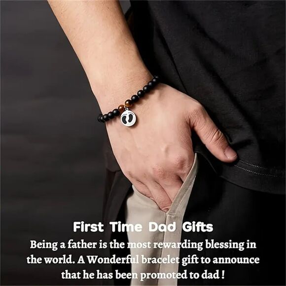 Black Onyx & Tigers Eye Stone Dad Beaded Stretch Bracelet Baby Footprint Charm - Picture 3 of 7